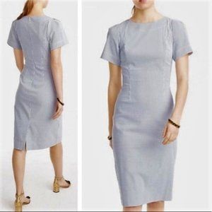J Crew Gathered Short Sleeve Midi Sheath Pencil Dress in Seersucker Blue White